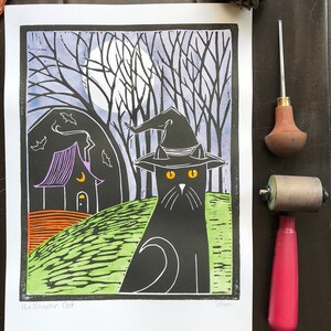 Witch Cat Woodblock Print, Halloween Folk Art
