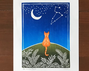 Ginger Cat Lino Print: Leo Constellation Folk Art (8x10)