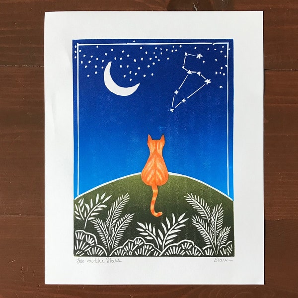Ginger Cat Lino Print Leo Star Constellation Folk Art Style Whimsical Cat Art