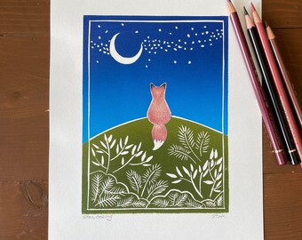 Red Fox Star Gazing Lino Print: Whimsical Folk Art