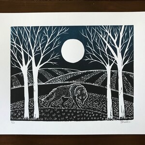 Black Wolf Full Moon Lino Print - Wolf Wall Art