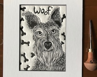 Dog Linocut Print: Folk Art Puppy with Bones, 8x10 Matted