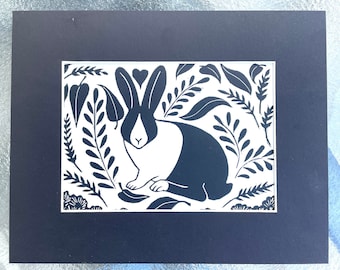 Bunny in the Garden Lino Print Spring time Botanical Rabbit Wall Art by Gina Stark