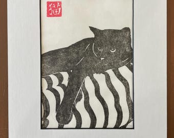 Moku-Hanga Cat Wood Block Print, Asian Influence, Signed Original</strong>