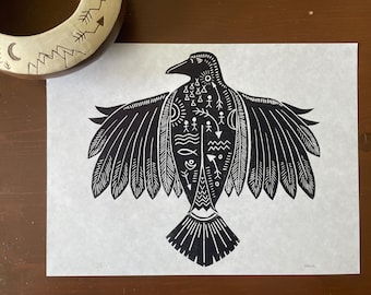 Lino Print Bird with Open Wings - Southwest influence Wall Art - Glyph Art