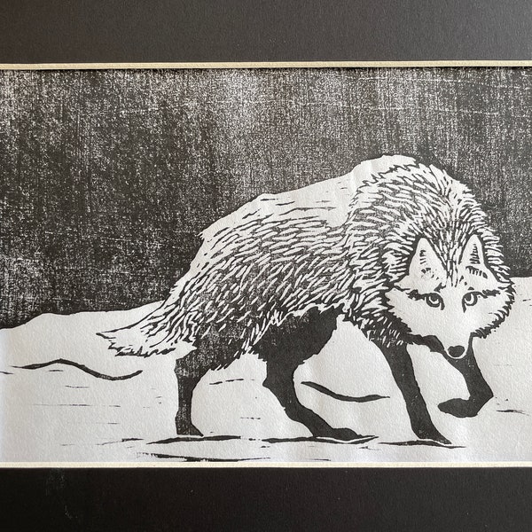 Moku-Hanga Wolf Wood Block Print, Asian Influence Wildlife art, Original wood block Art