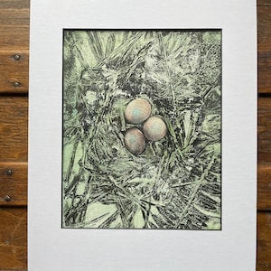 Eggs in the Nest Monotype Print, Rustic Nest Art, Original Cabin Decor Wall  Art