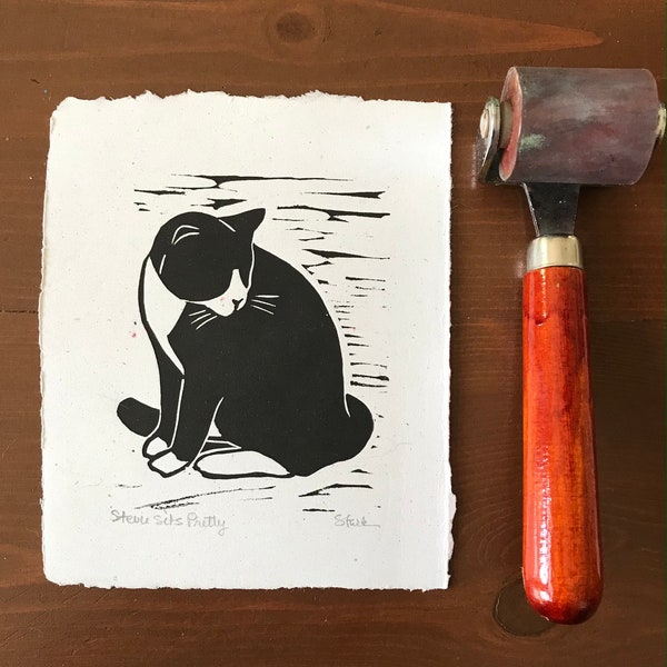 Stevie sits pretty Linocut, tuxedo cat Lino Print Art,  Printmaking by Gina Stark