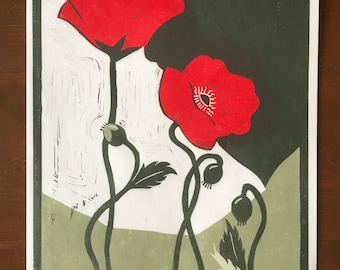 Poppies Linocut Print: Mid-Century Modern Floral Art