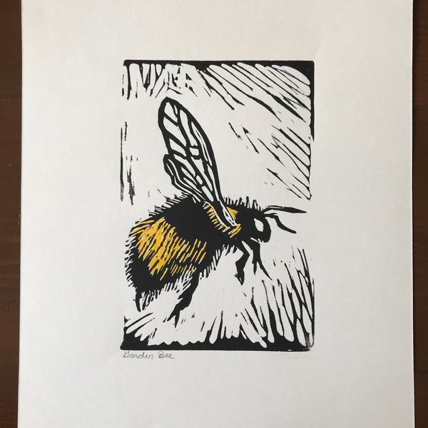 Bee Lino Print, Original Bee Art,  Nature Wildlife Print, Garden Art, Signed Lino Print