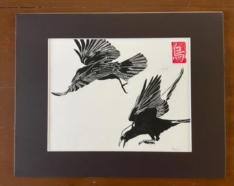 Two Black Birds Crows Lino Print: Asian Inspired Art