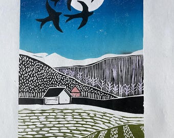 Lake Front Cabin Mountain Scape Lino Block Print, Small Wall Art