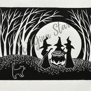 Three Witches linocut Print, Kitchen Witch,  Whimsical Witches Original Art print