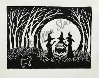 Three Witches Linocut Print: Whimsical Kitchen Art