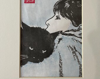 Moku-Hanga Wood Block Print: Girl with Cat, Asian Art (11x14 Mat)