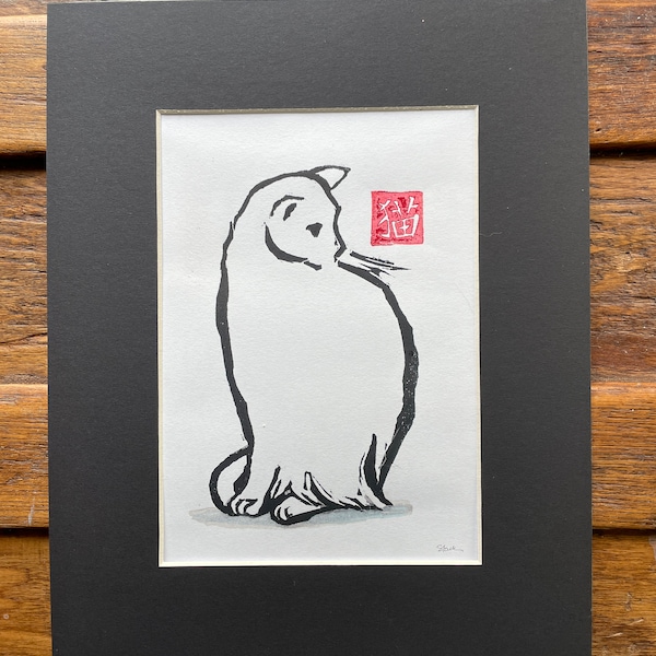 Moku-Hanga Cat Wood Block Print, Asian Influence Cat, Minimalist art, Original wood block Art