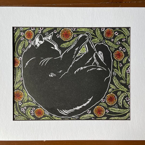Black Cat Napping in the Mimosas Linocut Print Black Cat Lino Cat in Garden Print