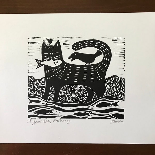 Fishing Cat linocut Print, Linocut cat Primitive Folk Art, Whimsical Folk Art Style, Original Art print