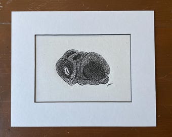 Sleeping Baby Bunny Lino Print, Nursery Decor, Rabbit Wall Art, Printmaking