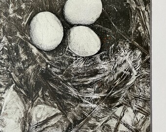 Nest in the Ferns Monotype Print, Garden Art, Contemporary Decor