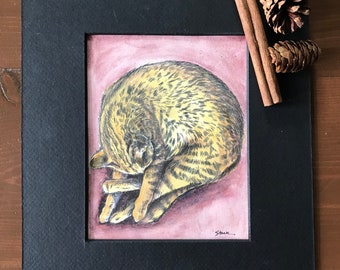 Napping Cat - Original Watercolor Drypoint Etching - Ginger Cat Folk Art Style
