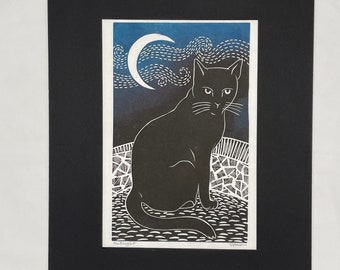 Black Cat Lino Print: Hand- Matted Wall Art (11x14)
