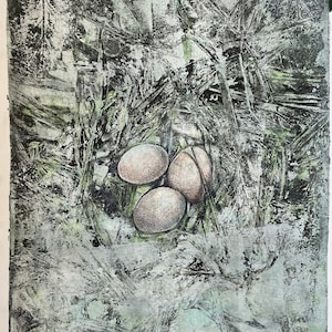 Woodland Nest Monotype Print: Rustic Botanical Wall Art