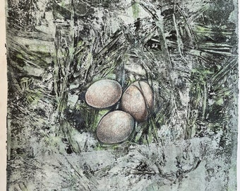 Woodland Nest Monotype Print: Rustic Botanical Wall Art