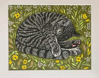 Tabby Cat Linocut Print: Cat in Garden Art