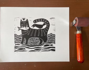 Fishing Cat Linocut Print: Whimsical Folk Art, Hand Carved