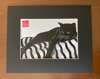 Black Cat Art, Cat Wood Block Print, Signed Original</strong>