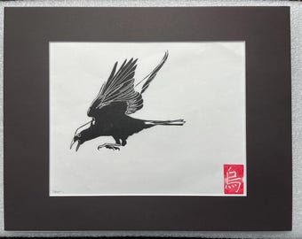 Black Bird Crow Raven Lino Print: Minimalist Asian Inspired Art, Signed 11x14