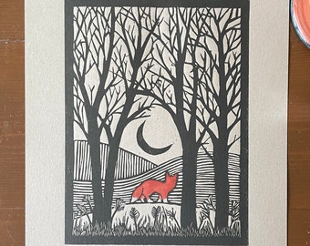 Folk Art Style Fox Lino Print Small Wall Art Artist signed by Gina Stark