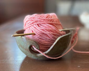 Handmade Moss Green Primitive Yarn Bowl: Rustic Pottery Knitting Bowl