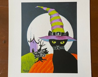Witchy Black Cat Whimsical art Print Halloween Wall Art