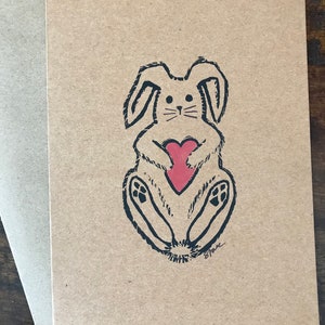 Sweetheart Bunny Rabbit with Heart Card Bunny Linocut Print Cute card for Him