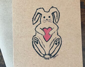 Sweetheart Bunny Rabbit Linocut Card