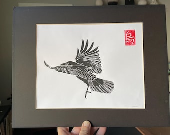 Black Bird Crow Lino Print: Minimalist Asian Inspired Art, Signed 11x14
