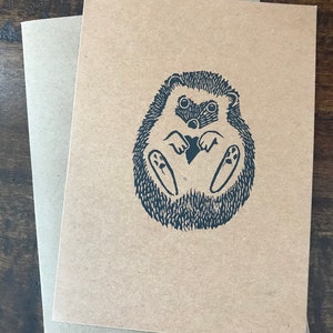 Hedgehog Love Card: Hand-Carved Lino Print on Kraft Card