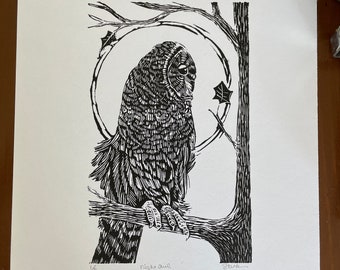 Barn Owl Lino Print: Original Wildlife Art, Rustic Cabin Decor