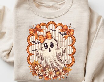 Fall Halloween T-Shirt, Cute Ghost Shirt, Floral Ghost Shirt, Autumn Halloween Shirt, Coquette Bow Ghost Shirt