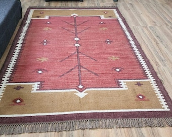 Vintage handgeweven tapijt, woljute kelimtapijt Dhurrie-tapijt, handgemaakt, traditioneel Indiaas kelimtapijt van jute