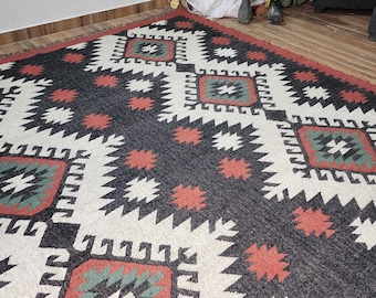 Vintage, handgeweven wollen jute kelimtapijt, wollen jute tapijt, kelim jute tapijt platgeweven tapijt, boho-tapijt, Navajo kelim-tapijt, aangepast tapijt