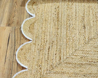 Handwoven Jute Rug, White Scalloped Edge, Bohemian Decor Handwoven White edge scallop Jute Rug – Eco-Friendly, Durable & Elegant Home Décor