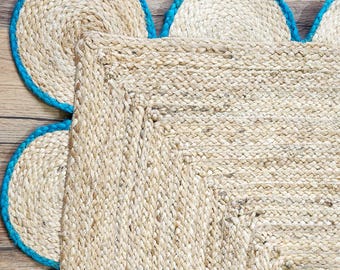 Handwoven Jute Rug – Scalloped Blue Edge, Bohemian Style Handwoven scallop blue edge  Jute Rug – Eco-Friendly, Durable & Elegant Home Décor
