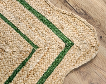 Green Edge Scalloped Jute Rug, Braided Boho Area Rug