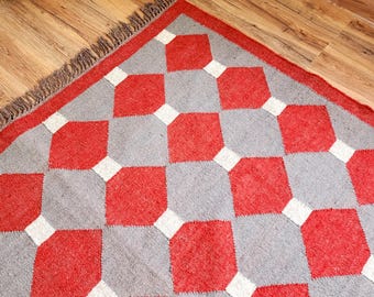Handwoven wool jute kilim rug, Indian dhurrie Rug , geometric flatweave area carpet