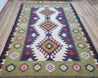 Multicolor Wool Jute Kilim Rug, Handmade Flatweave Area Rug, Geometric Boho Dhurrie, Indian Rug, Custom Size