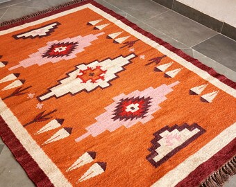 Handwoven Wool Jute Kilim Rug – Bohemian Geometric Runner