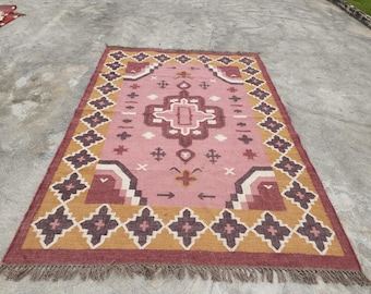 Handmade Wool Jute Kilim Rug, Bohemian Woven Area Rug Jute Kilim Rug Large Kilim Wool Jute Rug  Living Room Décor,